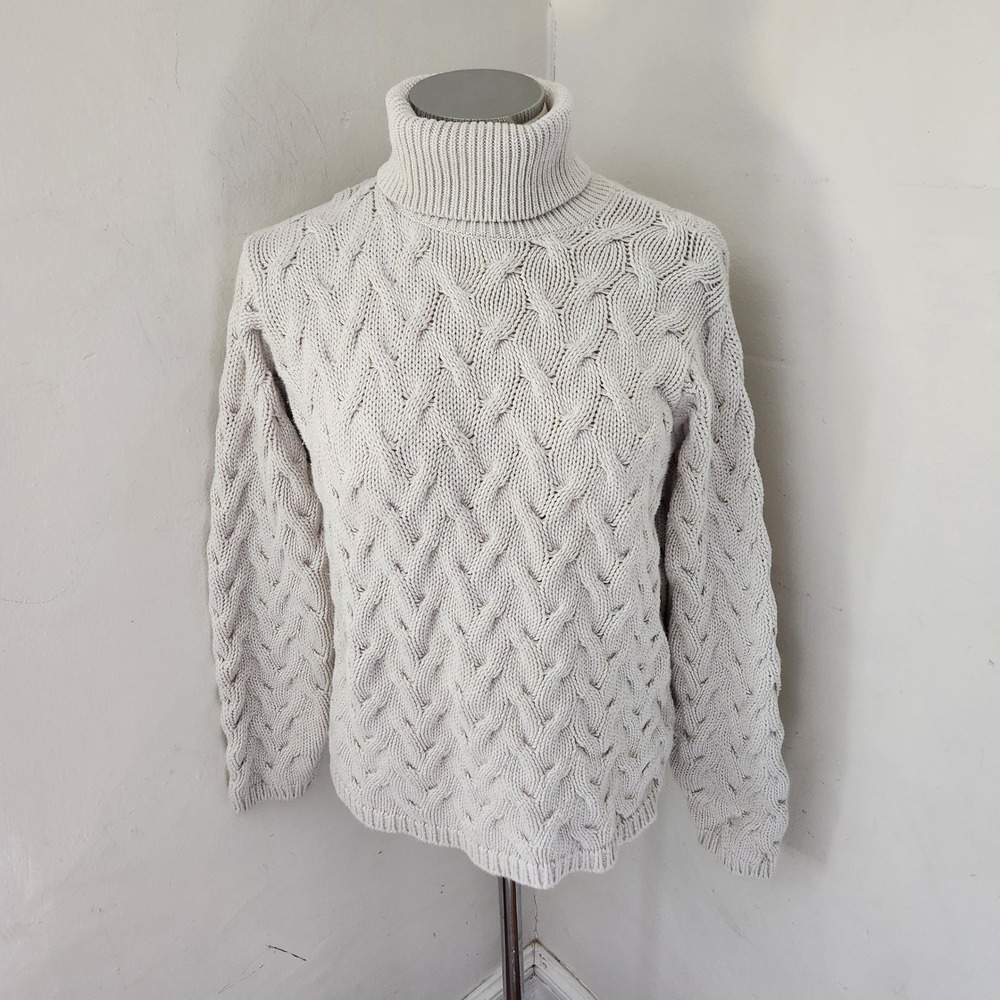 Lord & Taylor Womens Cream 100% Cotton Cable Knit Turtleneck Sweater Size M‎